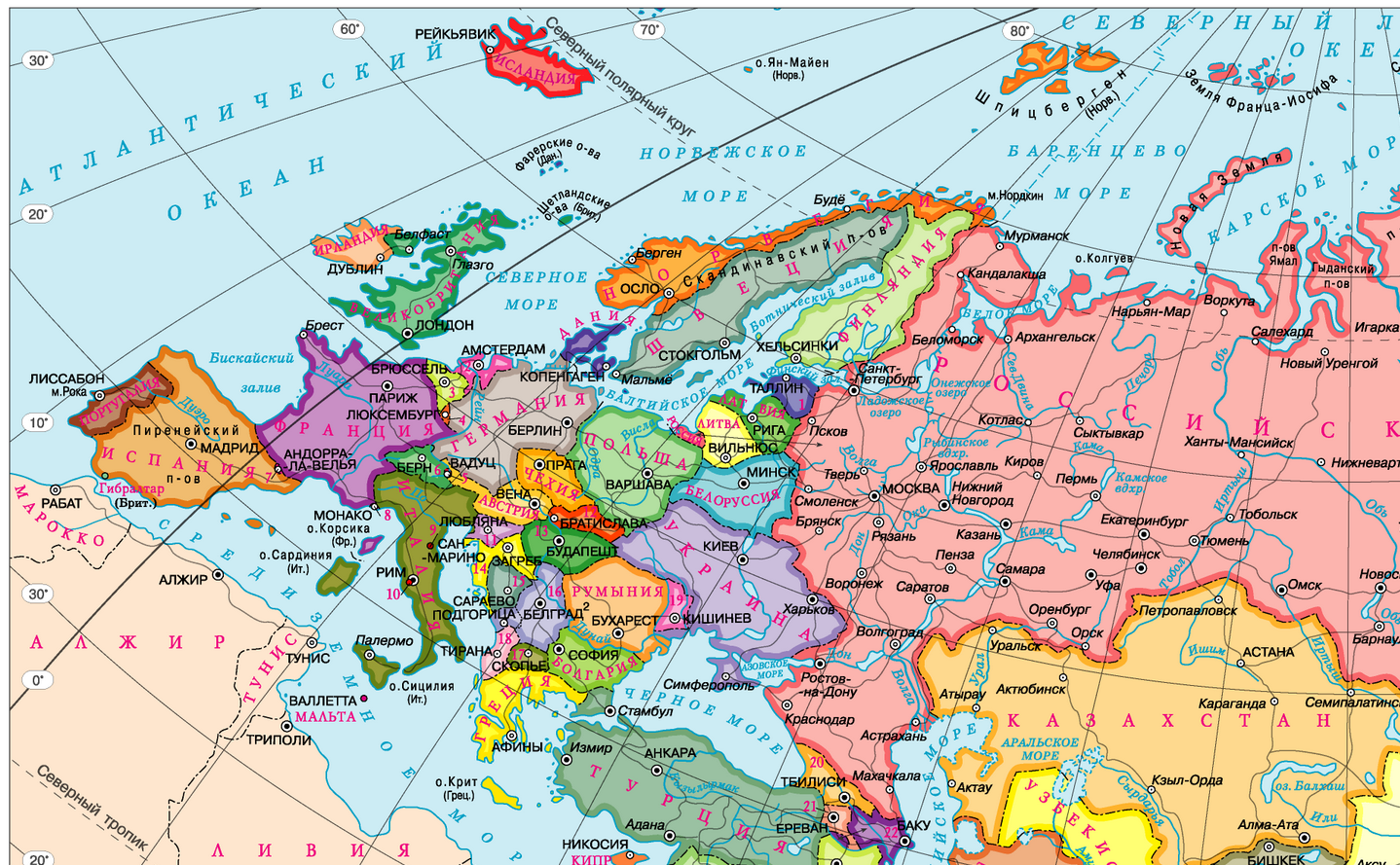 Географическая карта европы со странами крупно на русском в хорошем качестве